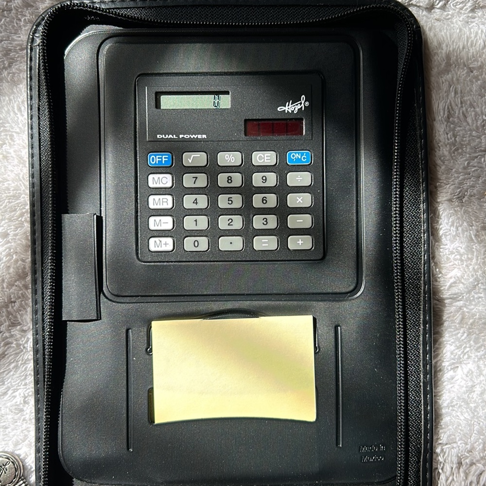 Zip up notebook with calculator, Post-it note holder, and writing pad